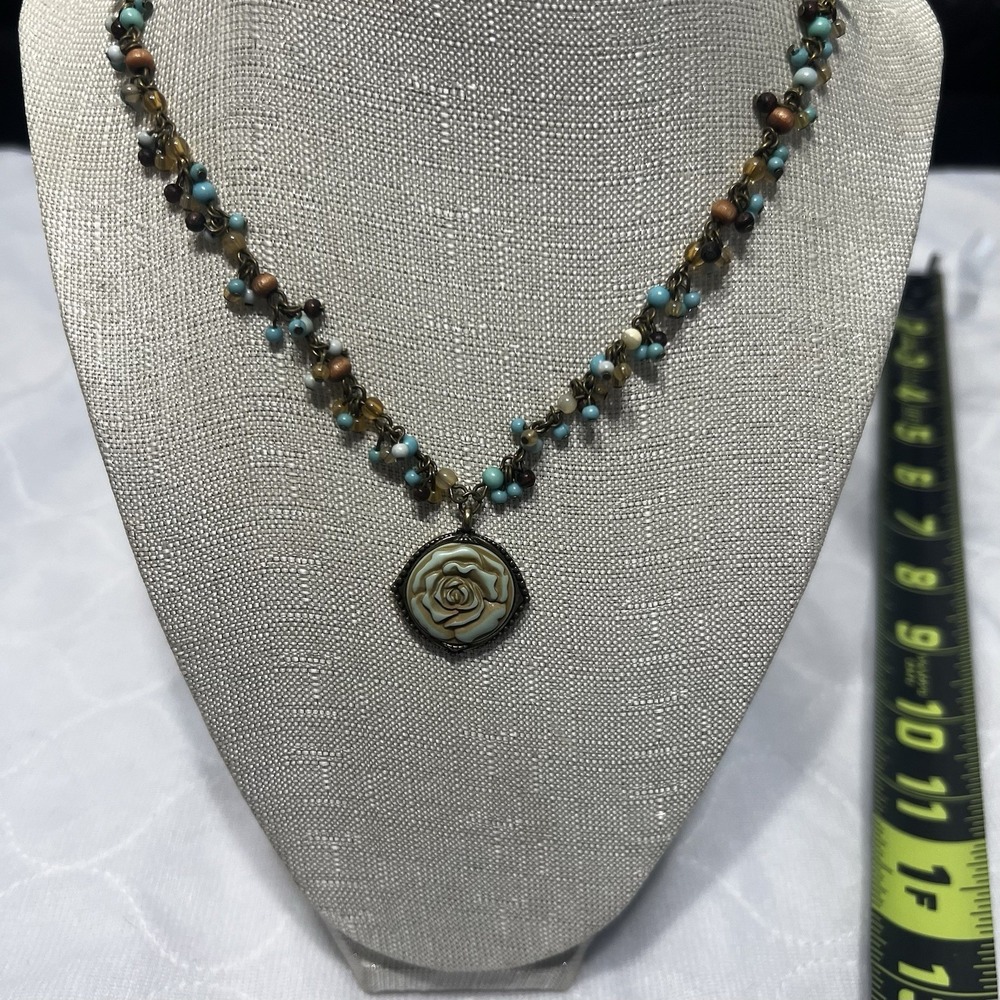 Vintage Bronze & Turquoise Wired Beads Sage Green Rose Drop Pendant Necklace 17"